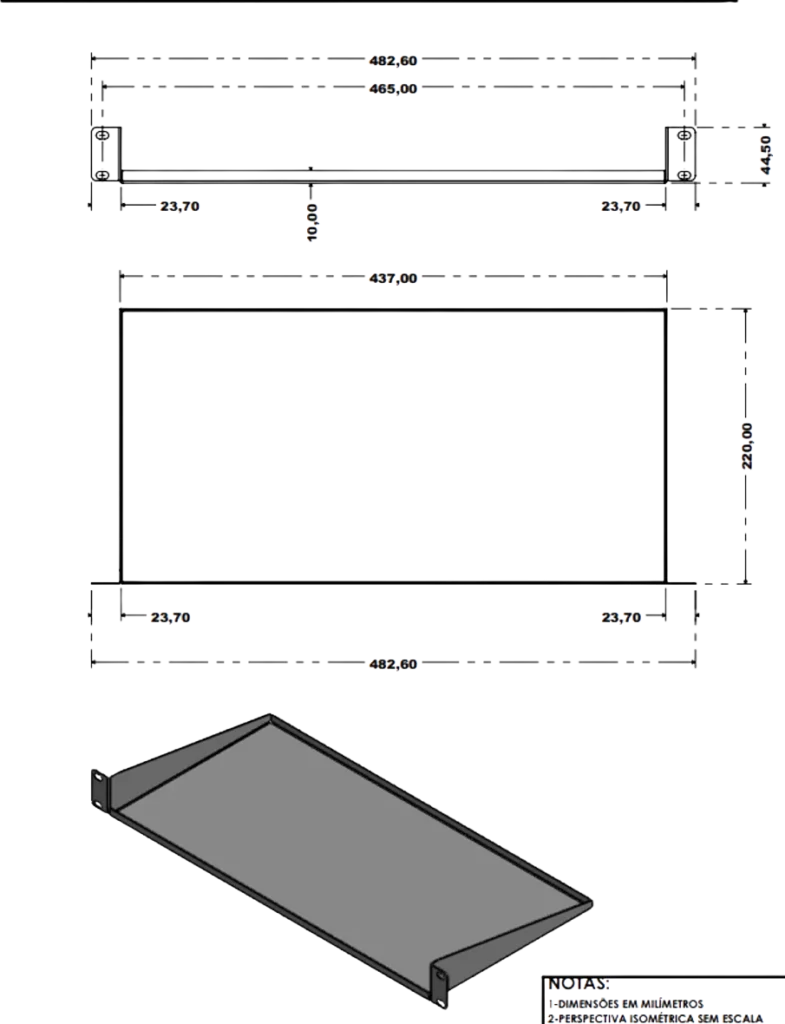 Desenho técnico - Bandeja para Rack 1U Simples (Fixação Frontal)